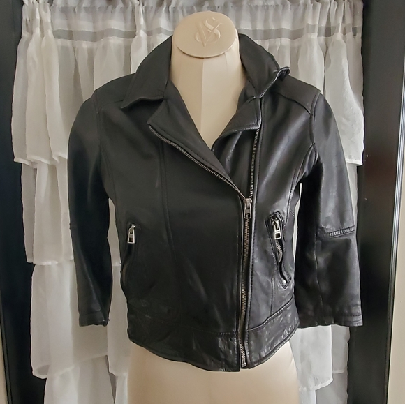 Genuine Leather Jacket Cropped 3/4 Sleeve Black - Picture 1 of 4